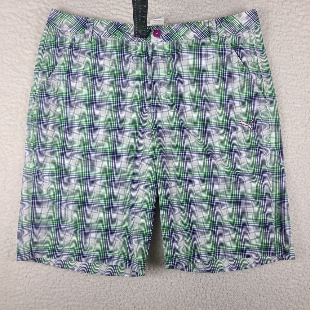 Puma Shorts Mens 38‎ Green Blue Plaid 11" Inseam Casual Performance Golf Chino